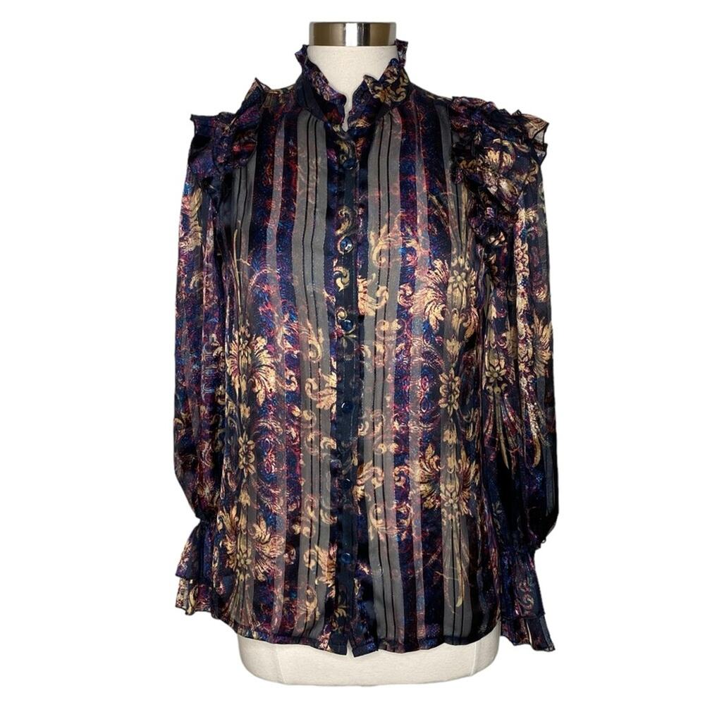Jeff Gallano Printed‎ Button Front Long Sleeve Sheer Blouse Women's UK 1 US 6 8